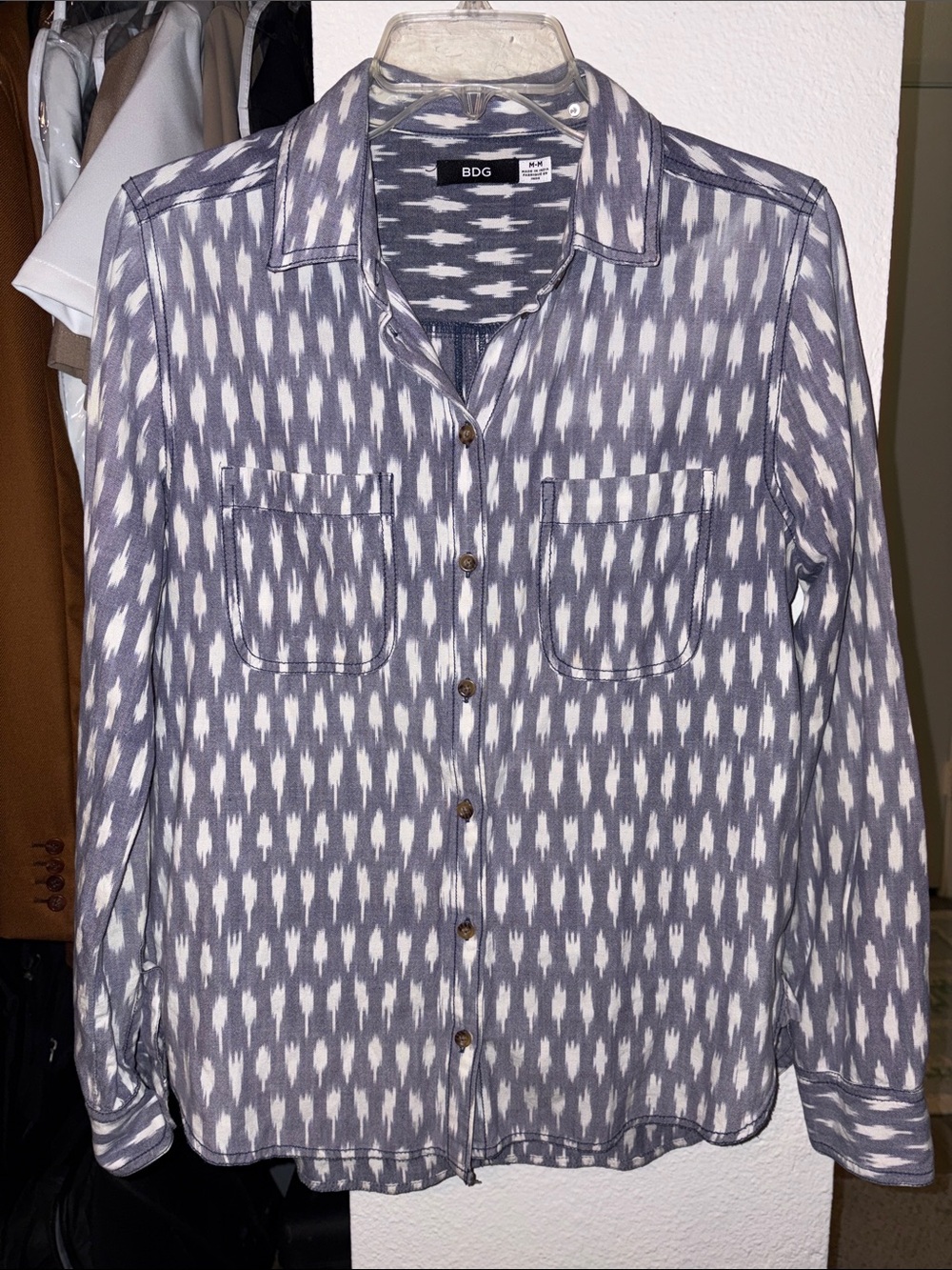 BDG Dusty Blue and White Ikat Button-Down Shirt